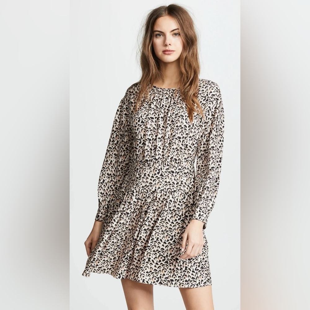 Rebecca Taylor Silk Leopard Print Mini Dress Ruffle Hem Long Sleeve‎ Size 4 NWT